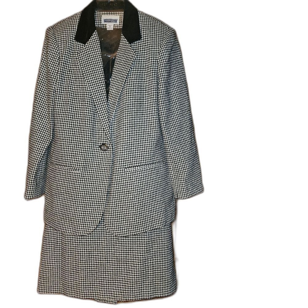 Vintage 90s Houndstooth Skirt Suit Set Prophecy Power Blazer Pencil Skirt Size 8